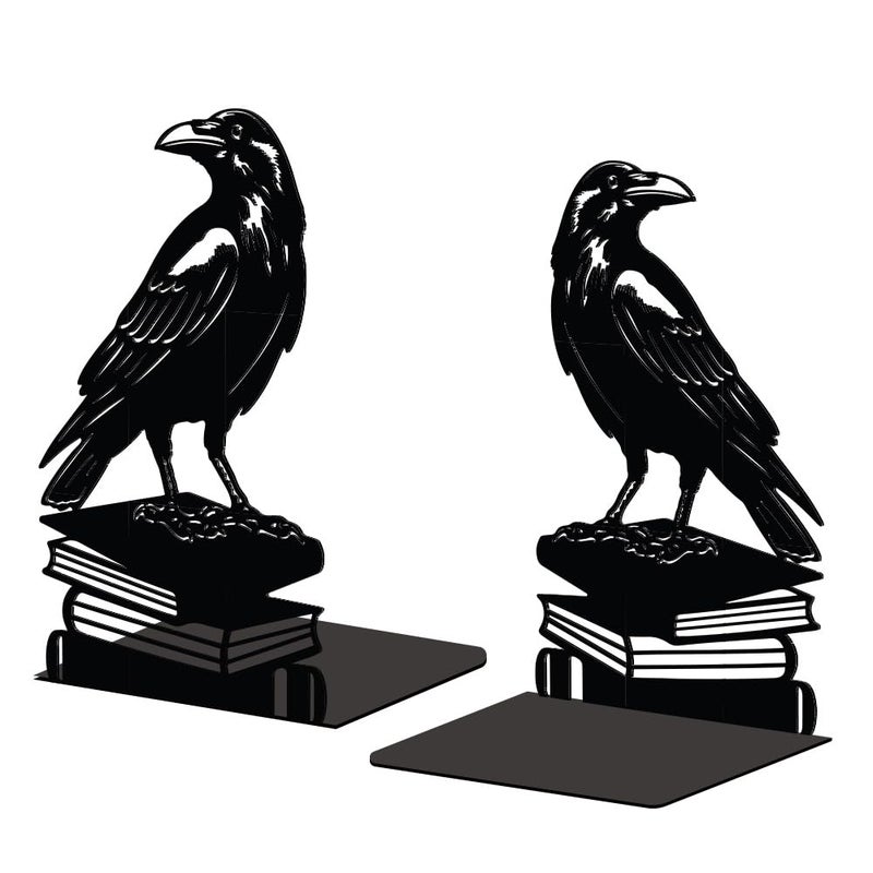 Peacoblue Metal Bookends for Shelves, Modern Decorative Heavy Duty Study Book Support Stoppers for Office, Desk, Shelf, Room 5.3"x4.3"x7.9" Cast Iron Simple Tall Bookends, 1 Pair (Crow on Book Stack) - Image 1