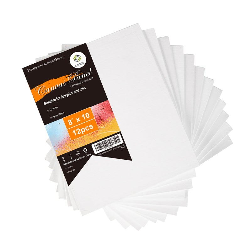 CONDA Canvas Boards for Painting, 8 x 10 inch, 12 Pack, 100% Cotton Canvas Panels, White Blank Canvases, Primed, Acid-Free, Artist Quality for Acrylic, Pouring Watercolor & Oil Painting - Image 1