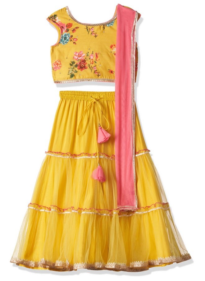Biba - BIBA Girl Printed Relaxed Silk Blend Readymade Lehenga Choli Set (Kw4966_Lime Yellow_9) - Image 1