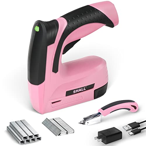 SHALL Pink Electric Staple Gun, 2 in 1 Cordless Upholstery Stapler Nail Gun for Wood, 4V Rechargeable Brad Nailer Kit w/ 2500 Staples Nails, Staple Remover & Fast Charger for Crafts, DIY, Decoration - Image 1