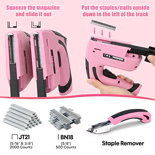 SHALL Pink Electric Staple Gun, 2 in 1 Cordless Upholstery Stapler Nail Gun for Wood, 4V Rechargeable Brad Nailer Kit w/ 2500 Staples Nails, Staple Remover & Fast Charger for Crafts, DIY, Decoration - Image 3