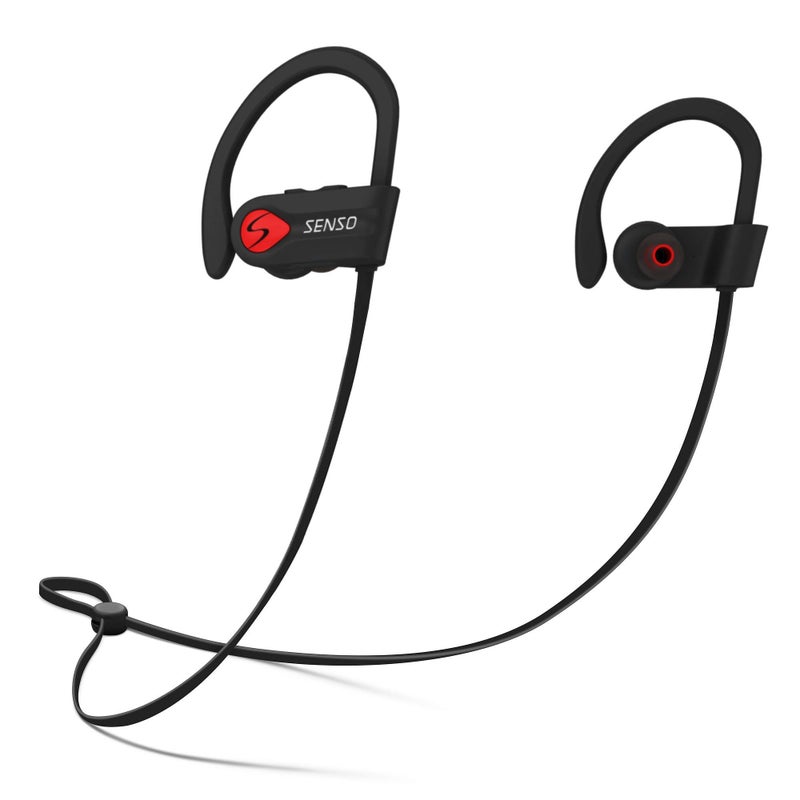 Senso Bluetooth Headphones, Best Wireless Sports Earphones w/Mic IPX7 Waterproof HD Stereo Sweatproof Earbuds for Gym Running Workout 8 Hour Battery Noise Cancelling Headsets (Black Red) - Image 1