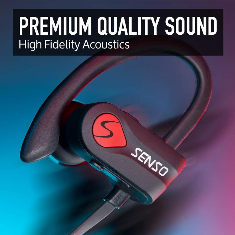 Senso Bluetooth Headphones, Best Wireless Sports Earphones w/Mic IPX7 Waterproof HD Stereo Sweatproof Earbuds for Gym Running Workout 8 Hour Battery Noise Cancelling Headsets (Black Red) - Image 2