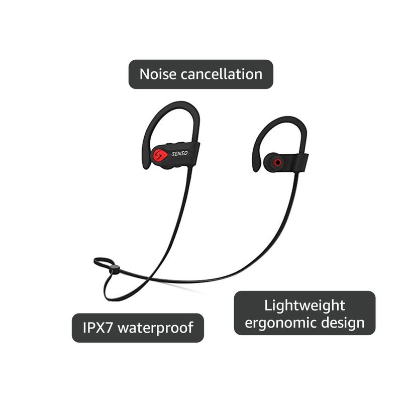 Senso Bluetooth Headphones, Best Wireless Sports Earphones w/Mic IPX7 Waterproof HD Stereo Sweatproof Earbuds for Gym Running Workout 8 Hour Battery Noise Cancelling Headsets (Black Red) - Image 4
