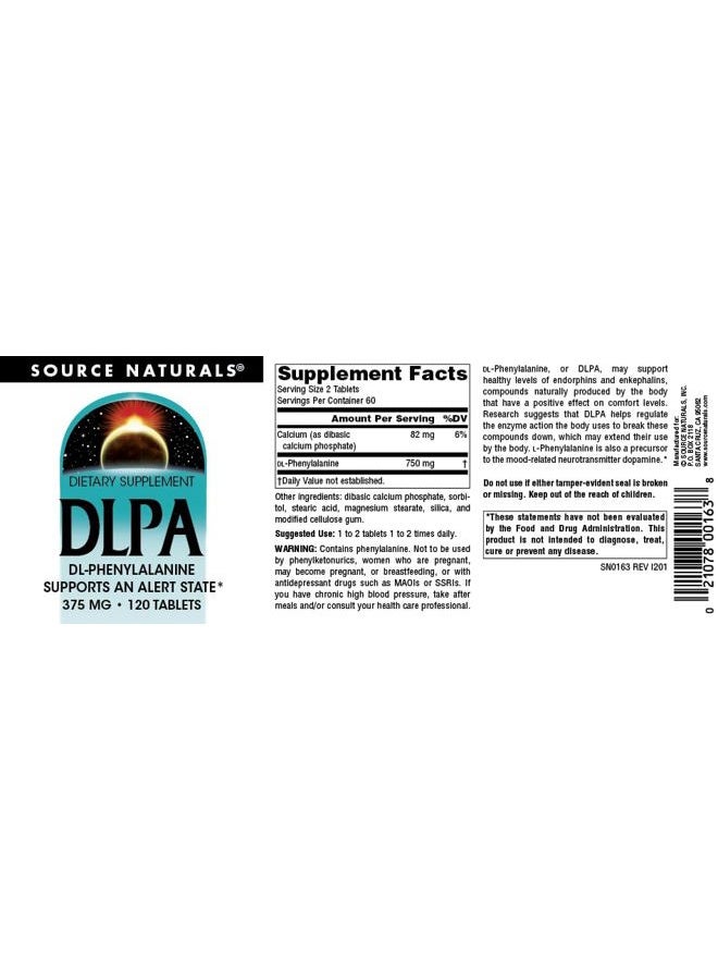 Source Naturals DLPA DL-Phenylalanine, Supports an Alert State* - 375 mg -120 Tablets - Image 4