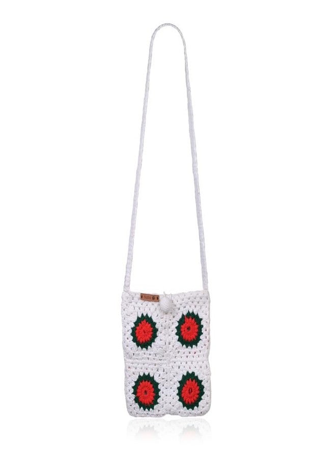 Sutra Handmade Wool Crochet White Red Flower Bag | Boho Shoulder Purse | Eco-Friendly Reusable Tote Bag | Summer Beach Handbag for Women Girls - Image 1