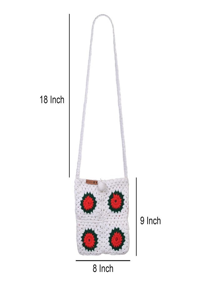 Sutra Handmade Wool Crochet White Red Flower Bag | Boho Shoulder Purse | Eco-Friendly Reusable Tote Bag | Summer Beach Handbag for Women Girls - Image 2