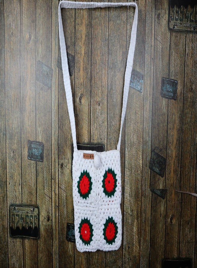 Sutra Handmade Wool Crochet White Red Flower Bag | Boho Shoulder Purse | Eco-Friendly Reusable Tote Bag | Summer Beach Handbag for Women Girls - Image 3