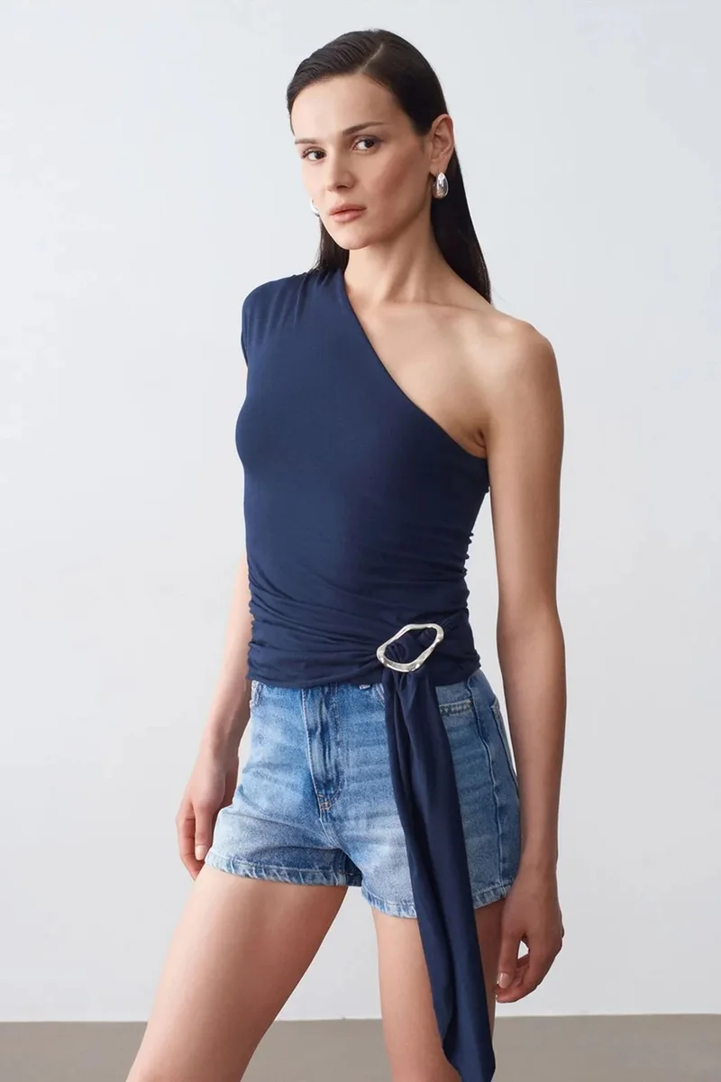 DILVIN Asymmetrical Tie Detail Blouse
