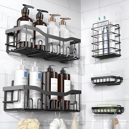 Homeor 5 in 1 Rustproof Stainless Steel Self Adhesive Bathroom Shelf for Wall, Soap Dish with Toothbrush Holder, Racks and Shelves for Wall, Bathroom Organizer Without Drill, Black - Image 1