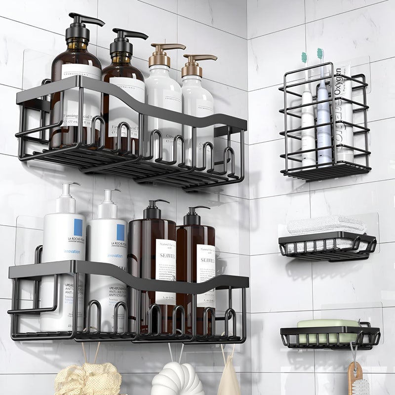 Homeor 5 in 1 Rustproof Stainless Steel Self Adhesive Bathroom Shelf for Wall, Soap Dish with Toothbrush Holder, Racks and Shelves for Wall, Bathroom Organizer Without Drill, Black - Image 5