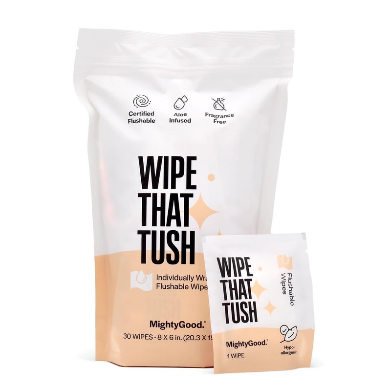 مناديل قابلة للشطف Wipe That Tush OnTheGo عبوة 1 تحتوي على 30 مناديل مغلفة بشكل فردي خالية من العطور كبيرة جدًا ناعمة مضادة للحساسية مع الألوة وفيتامين E آمنة للصرف الصحي
