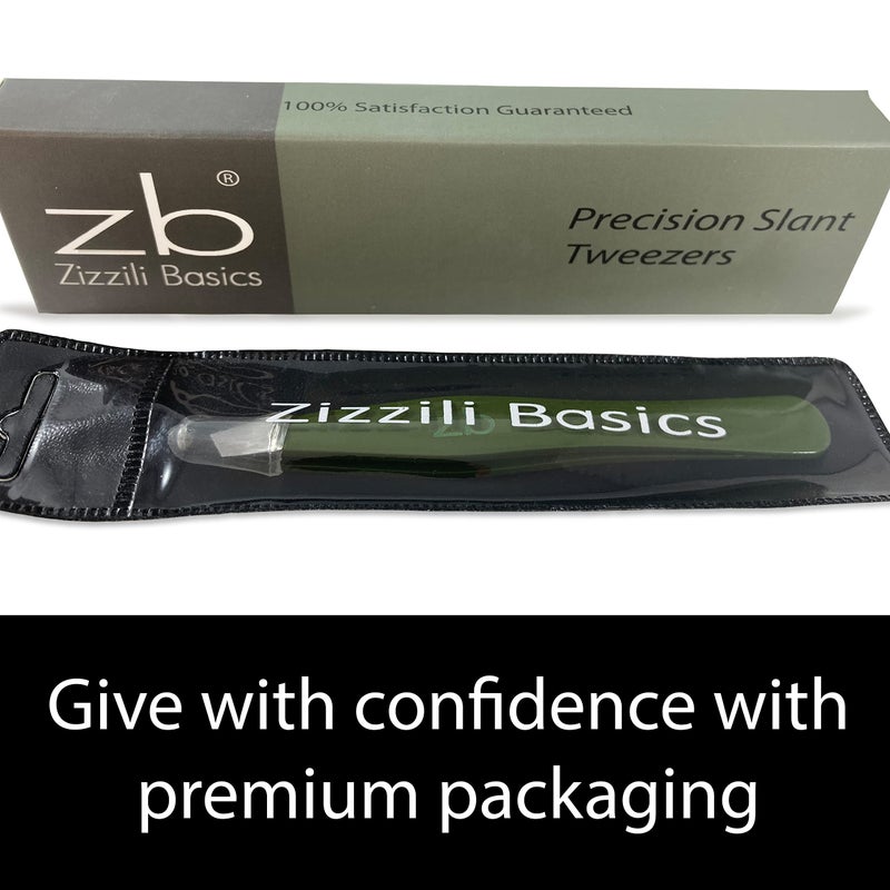 Zizzili Basics Tweezers – Surgical Grade Stainless Steel - Slant Tip for Expert Eyebrow Shaping and Facial Hair Removal – with Protective Pouch (Army Green) - Image 5