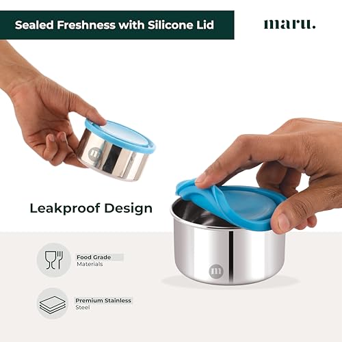 MARU Stainless Steel Multi Sizes Small Chutney Dabba set of 4, (50ml, 100ml, 200ml & 375ml), Durable Steel container with leakproof silicon Lids, Ideal for Dips, Salad, Dahi & pickle Food (Pink) - Image 3