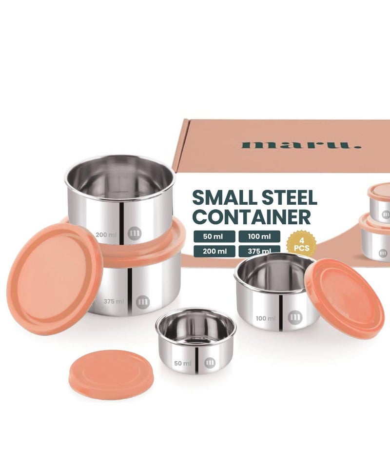 MARU Stainless Steel Multi Sizes Small Chutney Dabba set of 4, (50ml, 100ml, 200ml & 375ml), Durable Steel container with leakproof silicon Lids, Ideal for Dips, Salad, Dahi & pickle Food (Pink) - Image 1