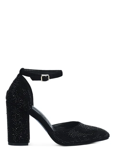 London Rag Microfiber Diamante Block Heeled Sandal in Black