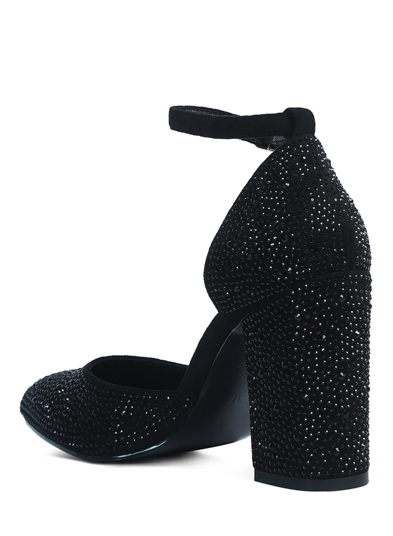 London Rag Microfiber Diamante Block Heeled Sandal in Black