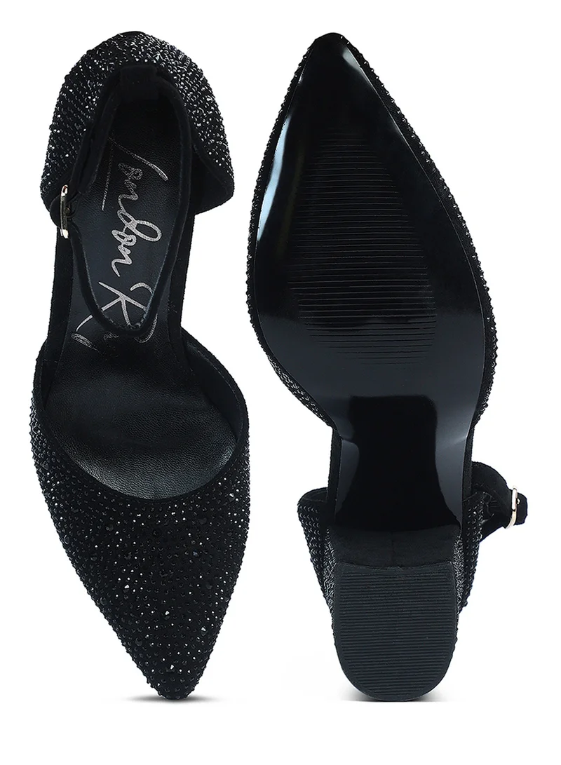 London Rag Microfiber Diamante Block Heeled Sandal in Black