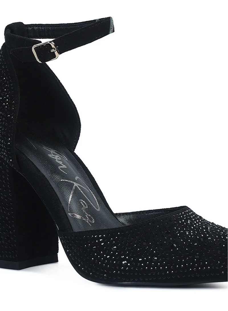 London Rag Microfiber Diamante Block Heeled Sandal in Black