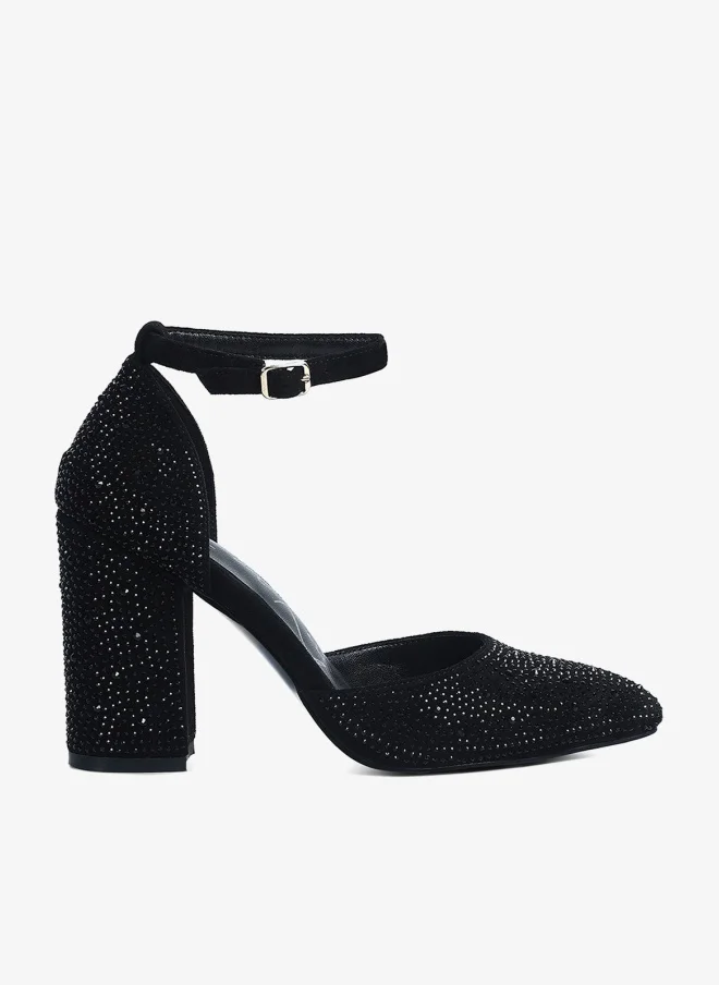 Microfiber Diamante Block Heeled Sandal in Black