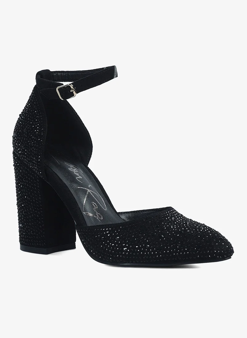 London Rag black Microfiber Diamante Block Heeled Sandal in Black for Women | Best Price UAE