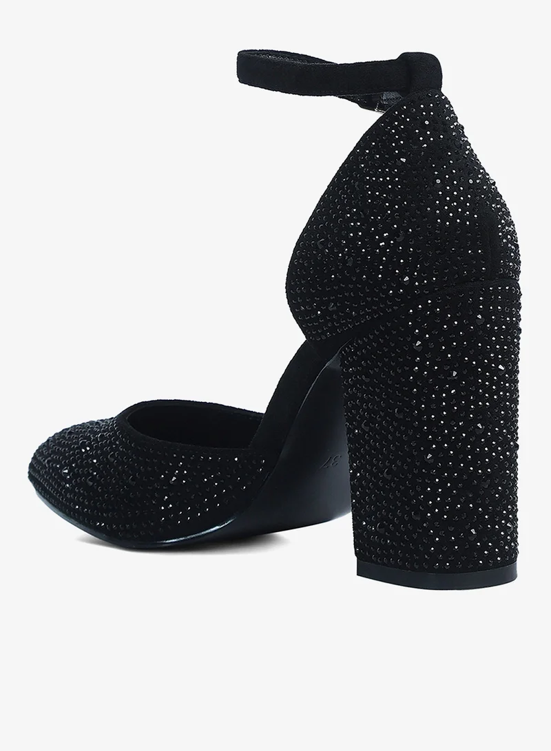 London Rag black Microfiber Diamante Block Heeled Sandal in Black for Women | Best Price UAE