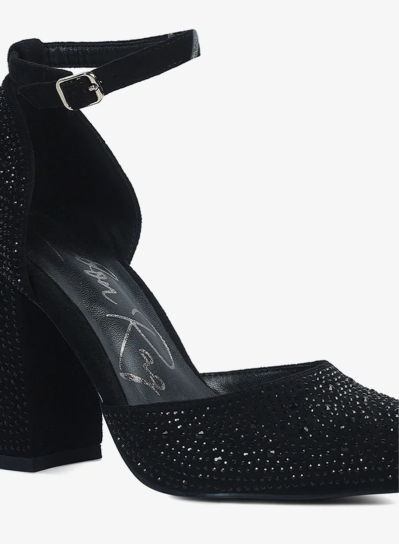 London Rag black Microfiber Diamante Block Heeled Sandal in Black for Women | Best Price UAE