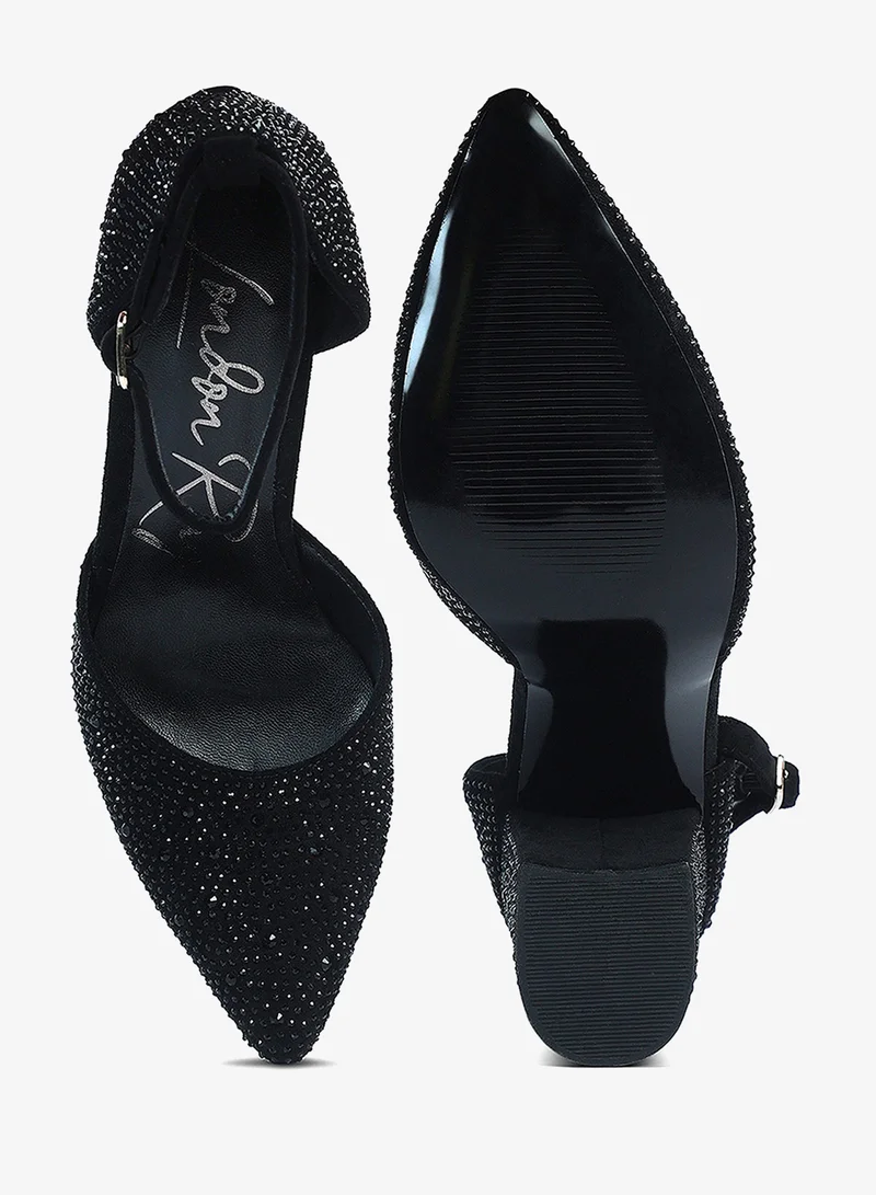 London Rag black Microfiber Diamante Block Heeled Sandal in Black for Women | Best Price UAE