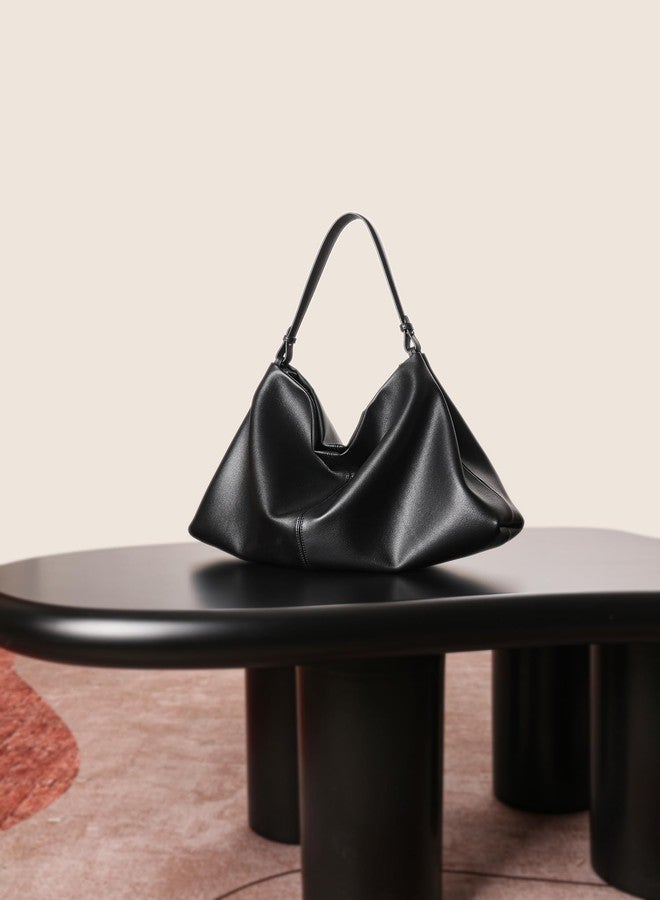 Covelin Minimalist Soft Leather Tote Bag - Adjustable & Detachable Crossbody Strap, Hobo Casual Shoulder Purse for Everyday Work Black - Image 2