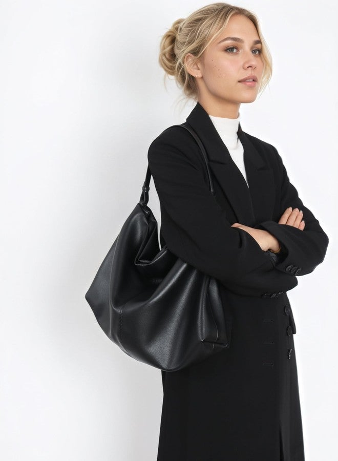 Covelin Minimalist Soft Leather Tote Bag - Adjustable & Detachable Crossbody Strap, Hobo Casual Shoulder Purse for Everyday Work Black - Image 5
