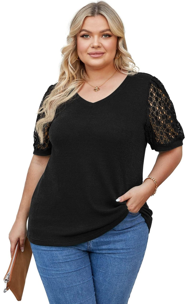 OLRIK Plus Size Tops for Women Summer Blouse Waffle Knit Short Lace Sleeve Shirts Black-3X - Image 4