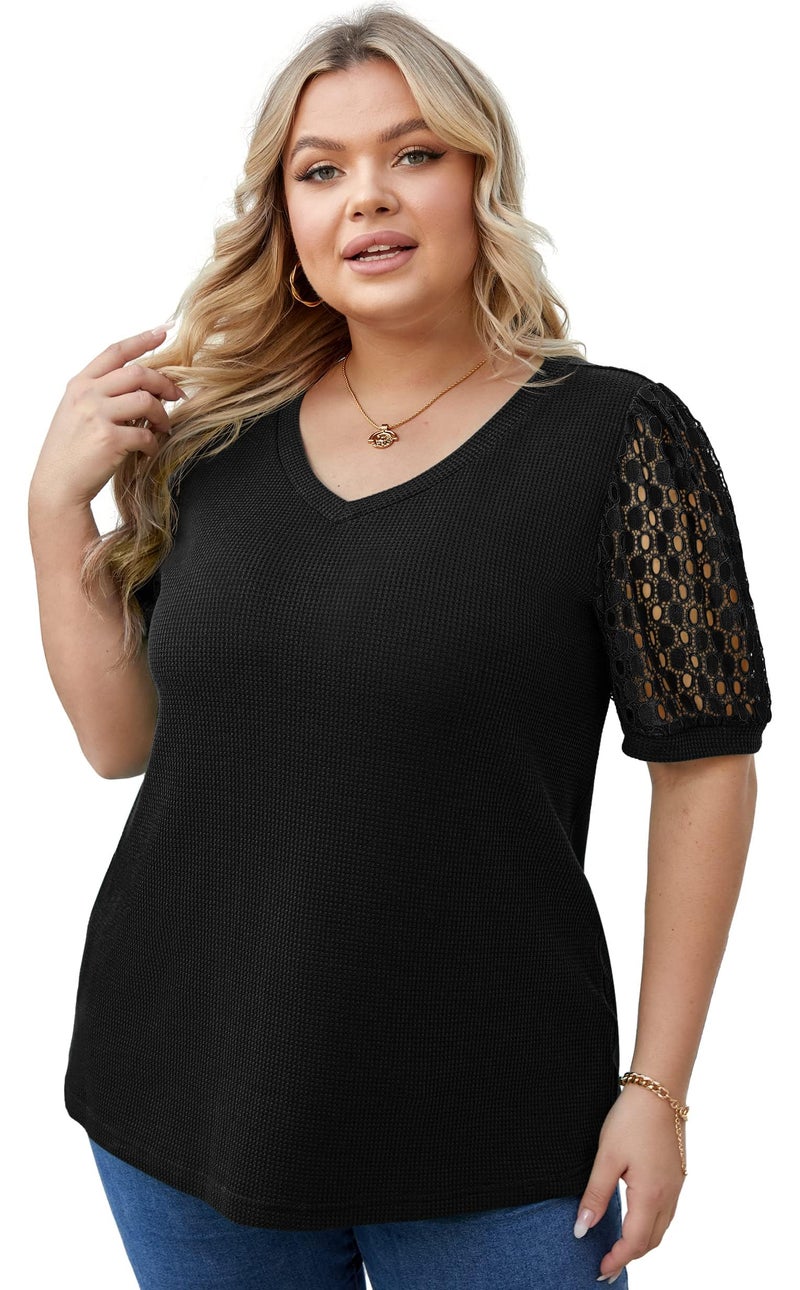 OLRIK Plus Size Tops for Women Summer Blouse Waffle Knit Short Lace Sleeve Shirts Black-3X - Image 3
