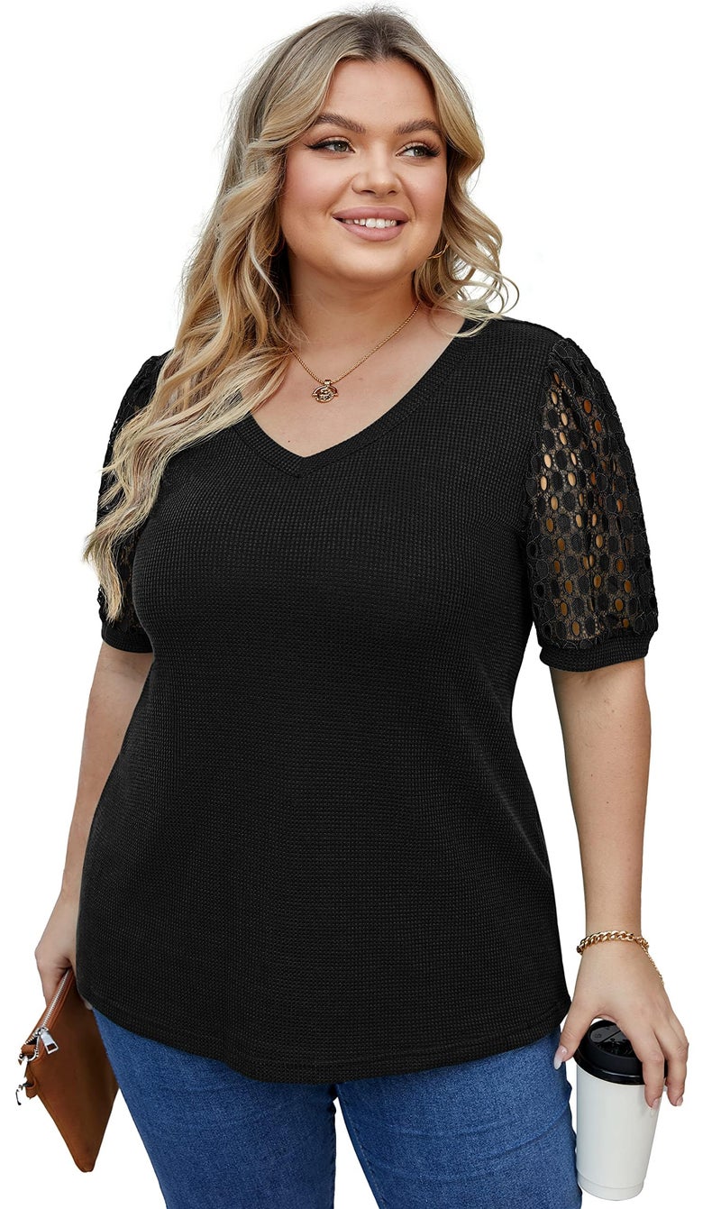 OLRIK Plus Size Tops for Women Summer Blouse Waffle Knit Short Lace Sleeve Shirts Black-3X - Image 2