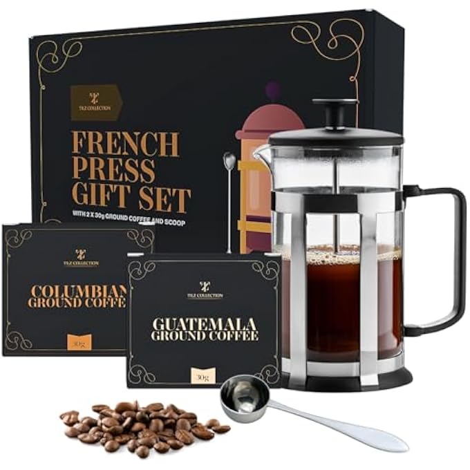 TILZ COLLECTION Coffee Cafetiere French Press Coffee Maker For Ground Coffee With 9 Flavoured Ground Coffee And Measuring Spoons Coffee Gift Set  Christmas Coffee Gifts For Men  Coffee Gifts For Women - Image 1