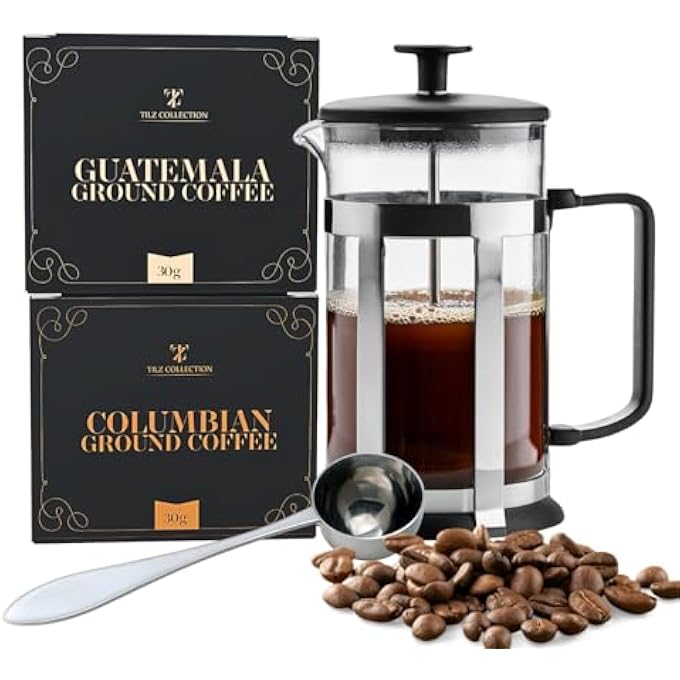 TILZ COLLECTION Coffee Cafetiere French Press Coffee Maker For Ground Coffee With 9 Flavoured Ground Coffee And Measuring Spoons Coffee Gift Set  Christmas Coffee Gifts For Men  Coffee Gifts For Women - Image 3