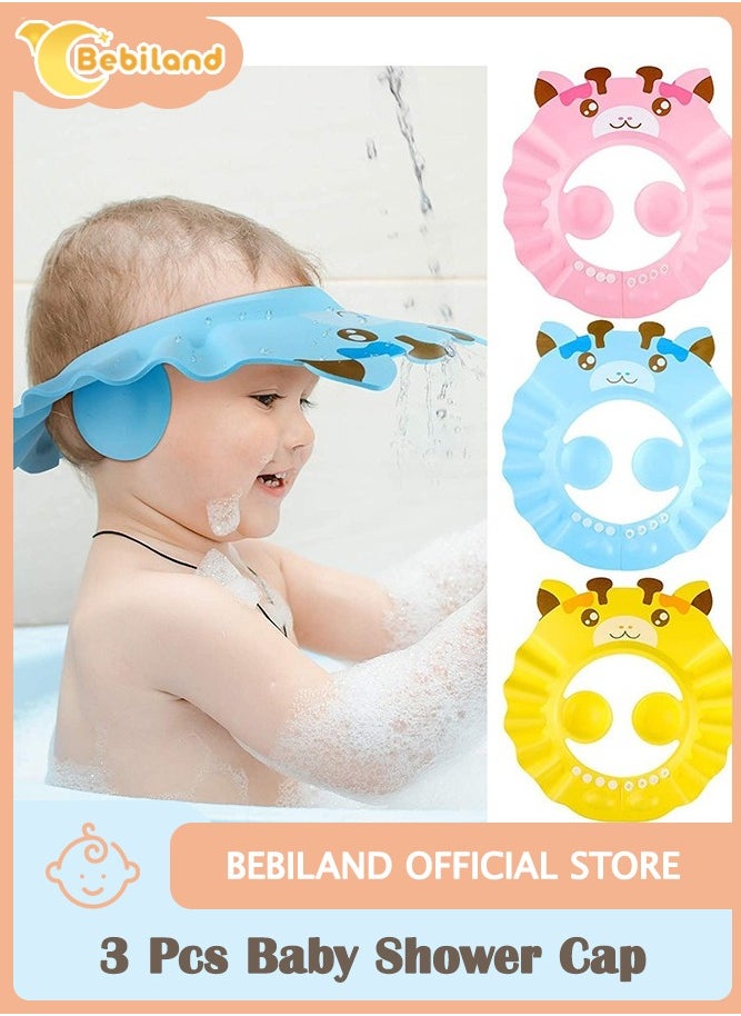 Bebiland 3 Pcs Baby Shower Cap, Adjustable Shampoo Visor Bath Hat, Infants Soft Protection Safety, Protect Ear Eye Baby Hair Washing Aids for Baby Toddler Children Kids (Blue Pink Yellow)  - Image 1