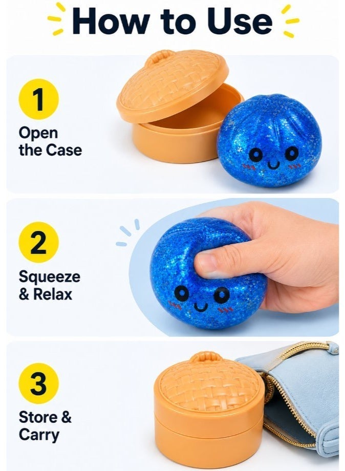 DAT Glitter Dumpling Squeeze Stress Ball with Bamboo Steamer Box – Squishy Sensory Fidget Toy for Kids & Adults - Image 3