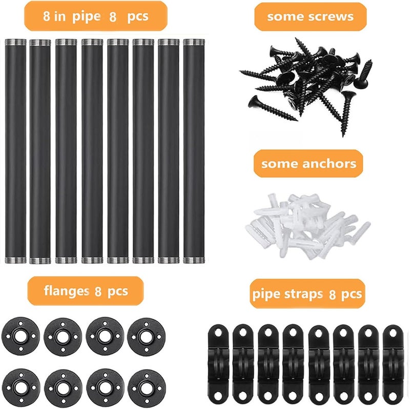 YCCO Industrial Black Iron Pipe Shelf Brackets Wall Mount DIY Shelving Brackets Pipe Decor Wall Rustic Garment Rack Hardware Included, 8 Inch Set of 8 - Image 5