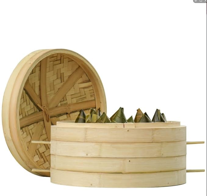 Azinoor صندوق بخار مومو دائري الشكل مصنوع يدويًا من الخشب - 6 بوصة قطر - سلة طبخ آسيوية أصلية من الخيزران لعمل ديم سموم ولفائف الخضار - Image 4