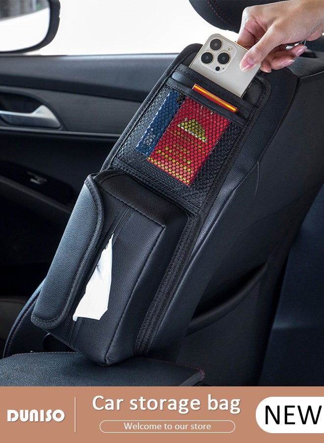 DUNISO Car Seat Side Organizer Large Capacity Multifunctional Mesh Pocket Car Storage Hanging Bag Hanging Tissue Holder Box Dispenser Bag Storage Pocket for SUV Truck Front Seat Accessories Side Seat Storage Bag for Cars, Trucks, Mini Vans and SUV  - Image 1