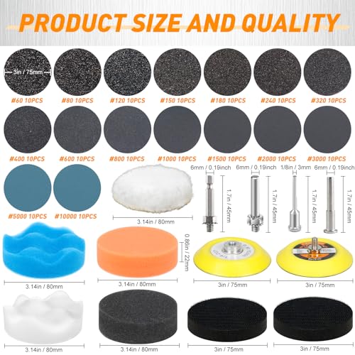 Pukamam 174 PCS 3 Inch Wet Dry Sanding Discs Grit 60 80 120 150 180 240 320 400 600 800 1000 1500 2000 3000 5000 10000 Hook and Loop for Drill Sanding Attachment - Image 3