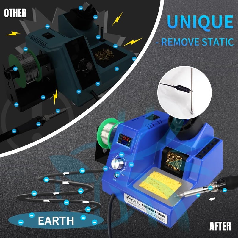TOAUTO DS90 Soldering Station-°F & °C Dual Digital Display Soldering Iron Station Kit,90W Soldering Iron,302℉- 842℉ Temperature, Anti-Static & Grounding Wire, Auto Standby & Sleep,5 Solder Tips, Blue - Image 3