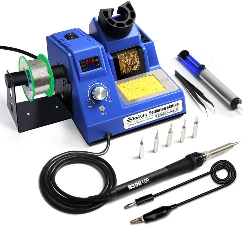 TOAUTO DS90 Soldering Station-°F & °C Dual Digital Display Soldering Iron Station Kit,90W Soldering Iron,302℉- 842℉ Temperature, Anti-Static & Grounding Wire, Auto Standby & Sleep,5 Solder Tips, Blue - Image 1