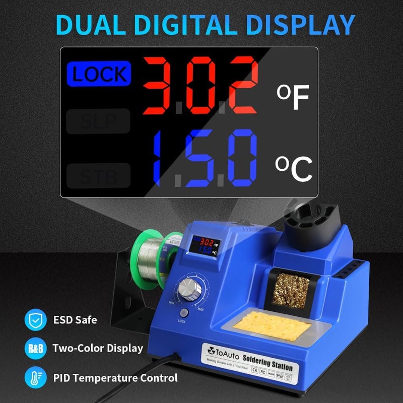 TOAUTO DS90 Soldering Station-°F & °C Dual Digital Display Soldering Iron Station Kit,90W Soldering Iron,302℉- 842℉ Temperature, Anti-Static & Grounding Wire, Auto Standby & Sleep,5 Solder Tips, Blue - Image 2