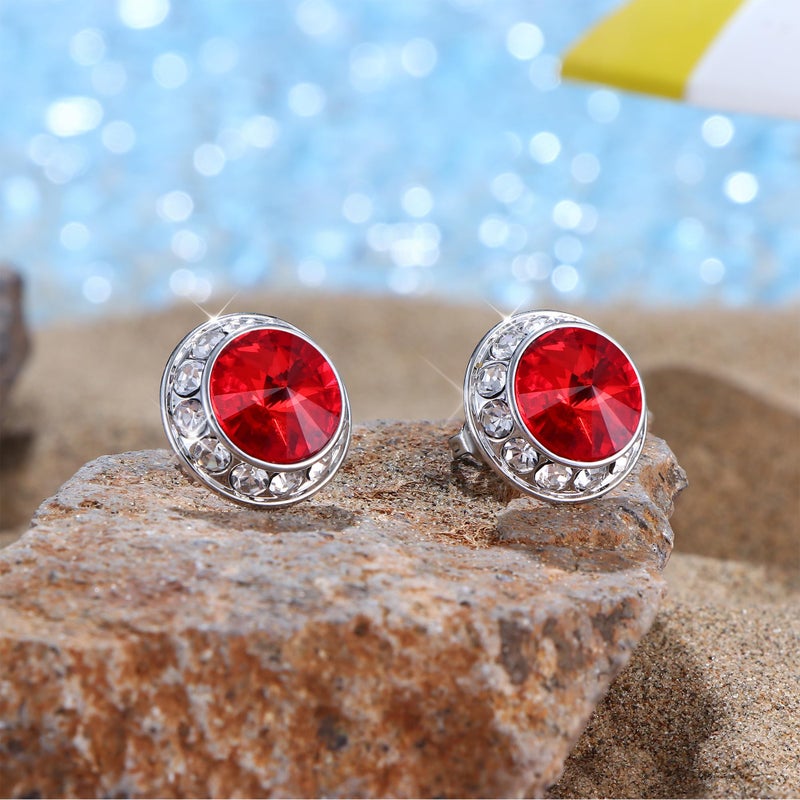 Milacolato Rhinestone Dance Competition Earrings for Women 18K White Gold Hypoallergenic Sterling Silver Post Crystal Stud Earrings 15mm Halo Stud Earrings for Dance Competitions Stage Performance Wedding Bridal Party Earrings, Red Crystal - Image 2