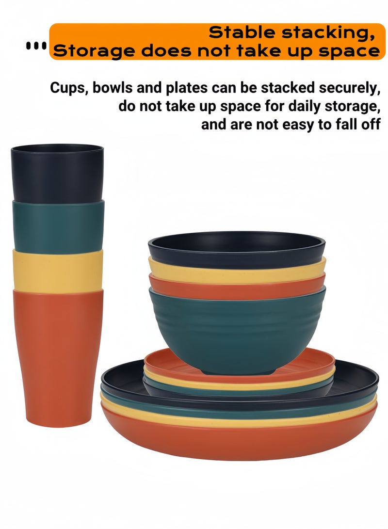 nihao 32-piece Dinner Set, Wheat Straw Bowls, Plates, Cups Dinnerware Set , Service for 8, Dinner Plates, Dessert Plate, Cereal Bowls, Cups, Unbreakable Colorful Plastic Outdoor Camping Dishes, Coastal Multicolor - Image 3