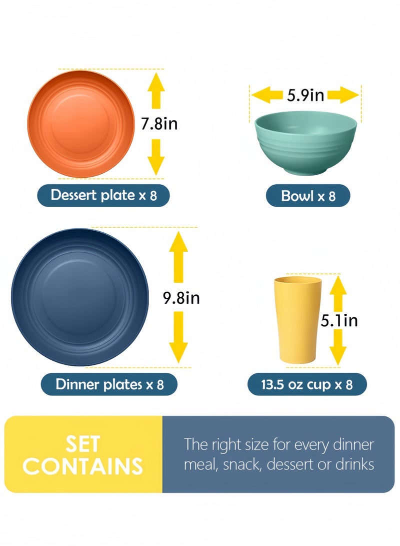 nihao 32-piece Dinner Set, Wheat Straw Bowls, Plates, Cups Dinnerware Set , Service for 8, Dinner Plates, Dessert Plate, Cereal Bowls, Cups, Unbreakable Colorful Plastic Outdoor Camping Dishes, Coastal Multicolor - Image 4