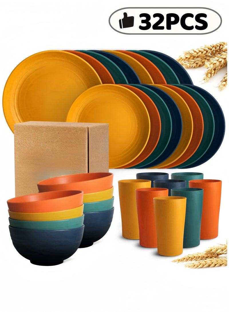 nihao 32-piece Dinner Set, Wheat Straw Bowls, Plates, Cups Dinnerware Set , Service for 8, Dinner Plates, Dessert Plate, Cereal Bowls, Cups, Unbreakable Colorful Plastic Outdoor Camping Dishes, Coastal Multicolor - Image 1