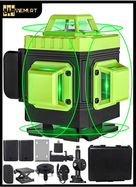 Laser Level 360 Self Leveling, 16 Lines Green Beam Laser Level, 4x360 4D Cross Line Lazer Level for Construction with Remote Control, Anti-fall Box, Multiple Stands, Rechargeable Batteries