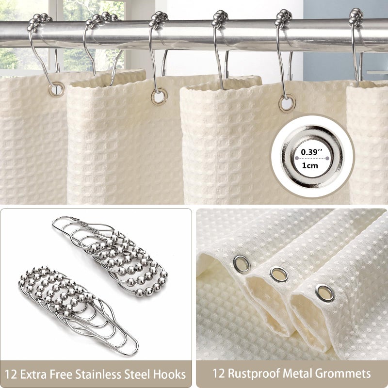 VANZAVANZU Waffle Weave Shower Curtain with Stainless Steel Hooks - 230 GSM Heavy Duty Fabric Bath Curtains, Hotel Luxury Quality, Water Resistant, Machine Washable, Weighted Hem, 72 x 84 Inches (Cream) - Image 4